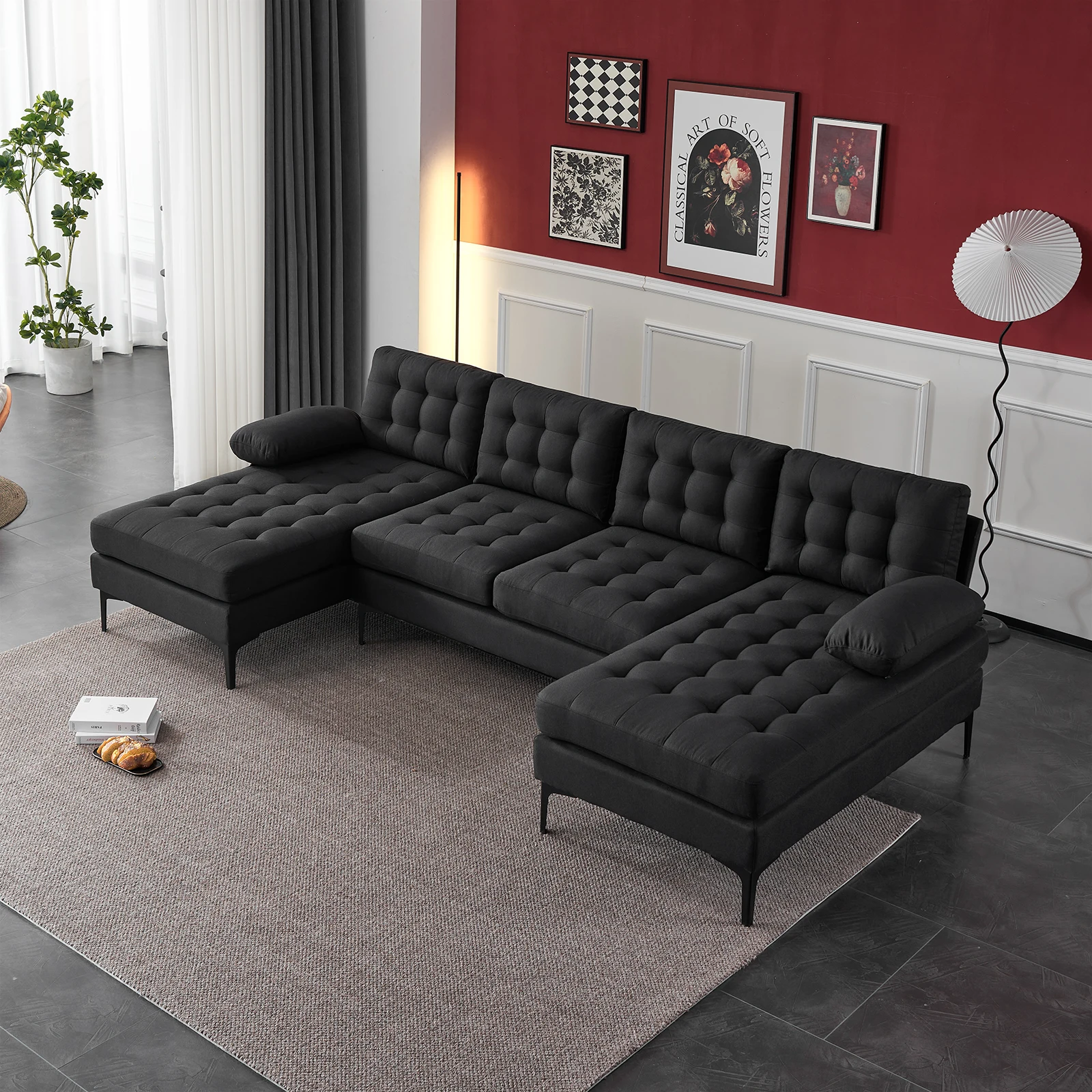 H01d71cb1e0f44ffba6c0c52f418b863dy.webp U-shaped Soft-Covered Armrest Backrest Seat Pull Point Wooden Frame Iron Frame Black Feet Indoor Sectional Sofa Black - Image 1