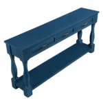 Goldoma 63-inch mid-century console table with three drawers and shelf in navy blue, solid wood entryway sofa table