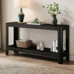 Goldoma modern farmhouse console table in living room with solid oak legs and MDF top, eco-friendly entryway table