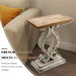 Rustic farmhouse end table with natural solid fir wood top and black metal base, ideal as side table