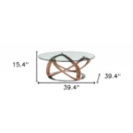 Goldoma 39 inch round clear glass coffee table with brown solid wood base in a modern living room