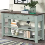 Goldoma retro blue console table with drawers and shelves in living room