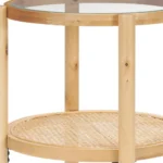 Goldoma 24-inch round side table with clear glass top and light brown solid wood shelf, perfect for living room decor
