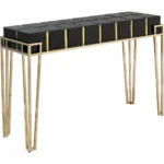 Black and gold mirrored glass console table 47 inch with gold hairpin legs in entryway decor setting