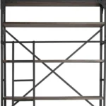 Goldoma 94-inch ladder bookcase with brown MDF shelves and black metal frame in a living room