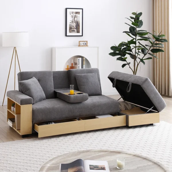 Goldoma 2-Seat Convertible Reclining Sleeper Sofa with Storage, L-Shape Sectional Couch Bed, Modern Linen