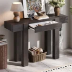 Goldoma solid oak console table with hidden drawer and built-in power outlet in a modern entryway