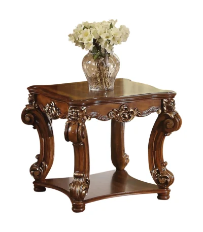 Goldoma 26 inch cherry square end table with shelf in living room
