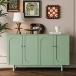 Goldoma 4-Door Intaglio Storage Cabinet in mint green with pine legs – stylish storage cabinet for living room
