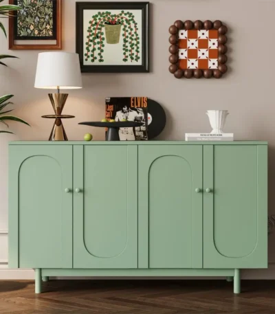 Goldoma 4-Door Intaglio Storage Cabinet in mint green with pine legs – stylish storage cabinet for living room