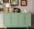 Goldoma 4-Door Intaglio Storage Cabinet – Mint Green with Pine Legs