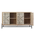 Goldoma vintage carved wood console table with floral doors and black metal base in a living room entryway as a storage sideboard