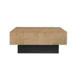 Goldoma 40" solid wood coffee table with brown top and black base, modern geometric design in a living room