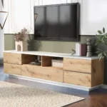 Goldoma Modern TV Stand for TVs up to 80" with Multi-Functional Storage and Door Rebound Device - White and Natural