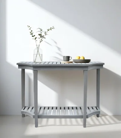 Goldoma farmhouse console table in gray blue with lower shelf in living room