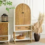 Goldoma solid wood tall sideboard cabinet in vintage white with carved door, drawer, shelf for farmhouse living room storage