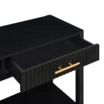 Painted wood console table with 3 drawers and storage shelves in a modern living room entryway
