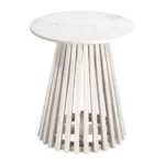 Round pedestal end table with white marble top and distressed natural solid wood base - Goldoma accent table