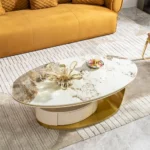 Goldoma White Marble Oval Coffee Table with Wooden Drawer - modern oval coffee table with storage