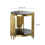 Goldoma modern round glass coffee table with gold stainless steel base in living room setting
