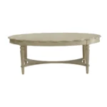 Antiqued white oval coffee table - 50-inch solid wood distressed finish coffee table with scalloped edge