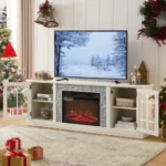Goldoma 70 inch modern TV stand with electric fireplace and storage cabinet in warm oak black finish