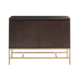 Modern mirrored storage cabinet with LED lighting and solid wood frame in a living room