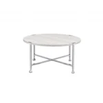 Goldoma 36-inch round coffee table with white paper veneer top and silver metal cross legs in a modern living room