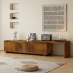 Mid century TV stand in solid oak with extendable top and adjustable shelves