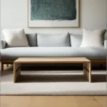 Goldoma 48-inch brown solid wood coffee table with metal accents in a living room, vintage style