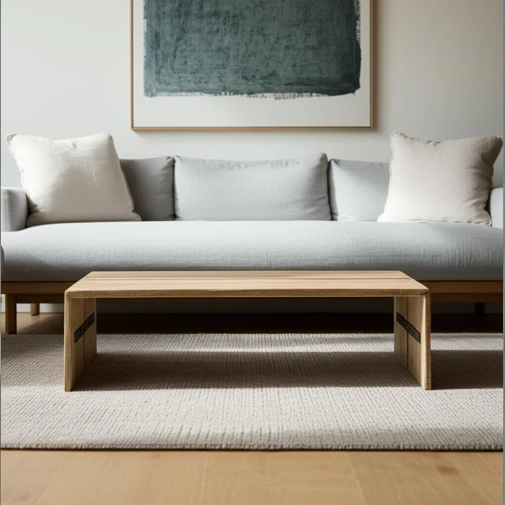 H06bc83cbd894410881540f1a638be3dcd.webp Goldoma 48-inch brown solid wood coffee table with metal accents in a living room, vintage style