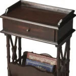 Rustic end table: small black wood side table with drawer and shelf