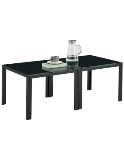 Goldoma nesting coffee table set with tempered glass top and black oak frame in modern living room