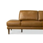 Goldoma London right facing convertible sectional sofa bed in tan PU leather with chenille fabric, L-shaped modern design
