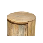 Goldoma solid wood drum end table with two drawers in natural finish, 24-inch height, placed next to a sofa