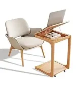 Goldoma C-shaped end table with lockable wheels in natural wood finish, placed under a sofa as a rolling side table