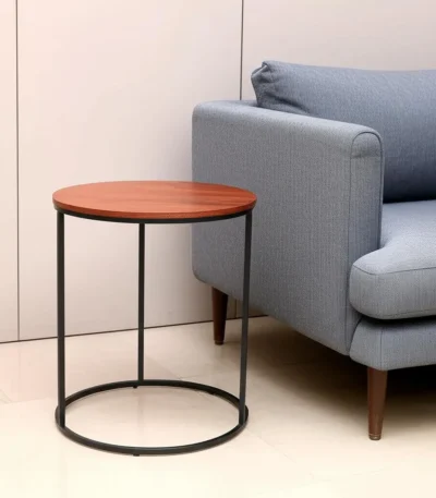 Goldoma 22-inch reclaimed wood end table with black metal base in a cozy living room setting