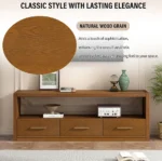 Goldoma modern wood TV stand with adjustable drawers holding a large flat-screen TV in a living room