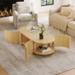 Goldoma oval fluted coffee table with storage in rubber solid wood, featuring a lower shelf and open storage doors, perfect for modern living rooms