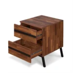 Black and brown wood and iron end table with two drawers in a living room setting