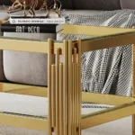 Goldoma double layer tempered glass coffee table with gold stainless steel frame in modern living room