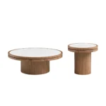 Goldoma 35.43 inch modern square coffee table with solid wood top and pedestal base in living room