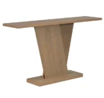 Modern solid wood console table with V-base and storage shelf in a living room