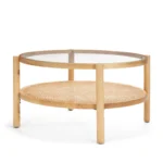 Goldoma round glass coffee table with solid wood frame and cane rattan shelf in living room