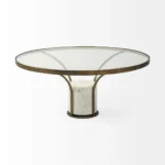Goldoma 36-inch round pedestal coffee table with antiqued gold base and clear glass top