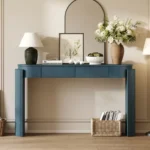 Modern fluted wood console table with natural oak finish and storage in entryway