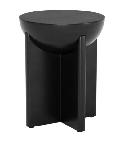 Black mango wood pedestal end table with geometric base in living room