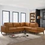 Goldoma London right facing convertible sectional sofa bed in tan PU leather with chenille fabric, L-shaped modern design