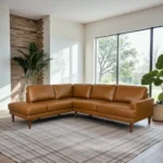Goldoma modern left-facing sectional sofa bed in tan PU leather with sleeper function