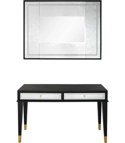 Goldoma 47 inch black and silver mirrored console table with two drawers in living room